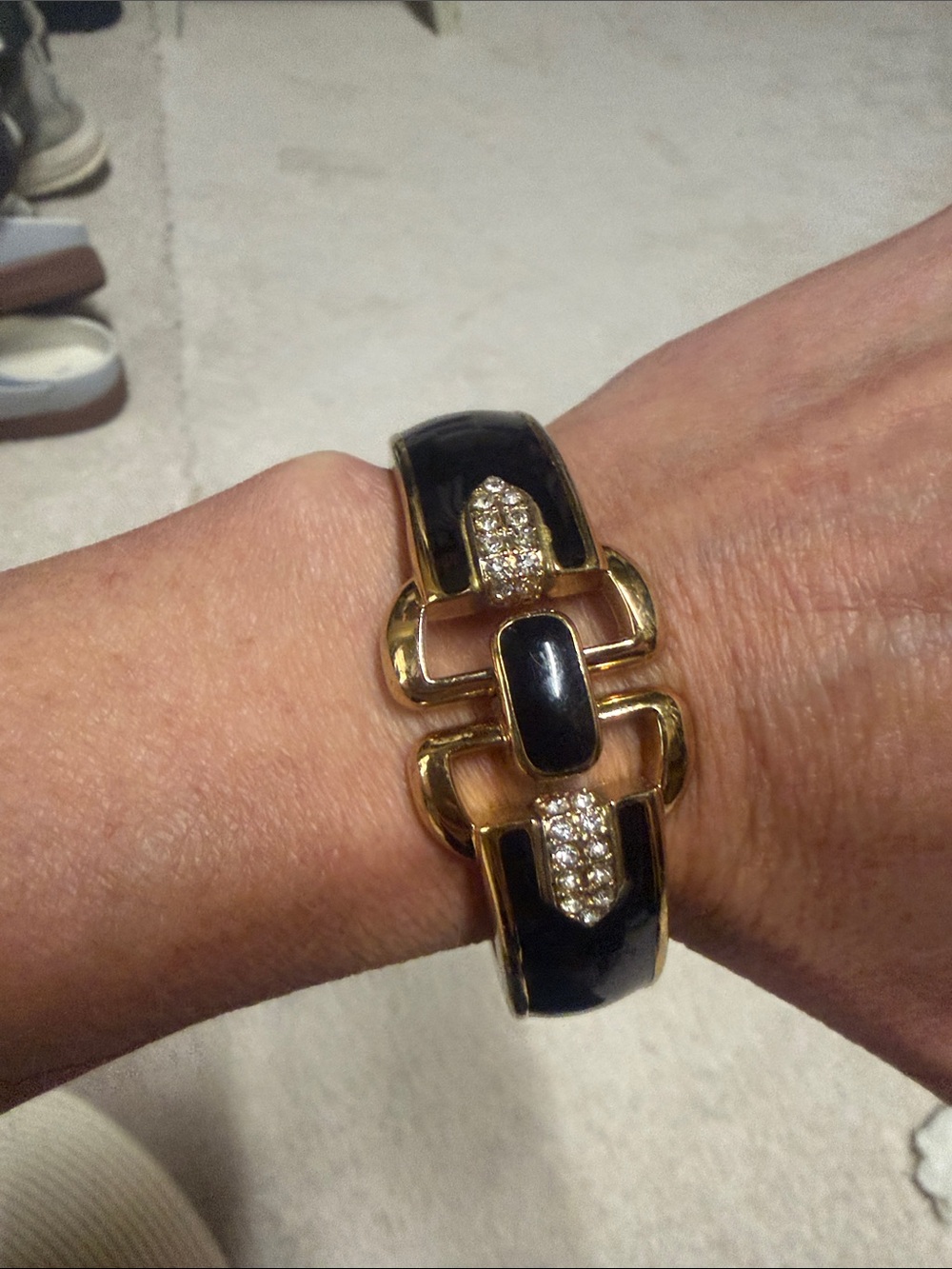 Stella & Dot Black and Gold Enamel Bracelet with Crystal Accents